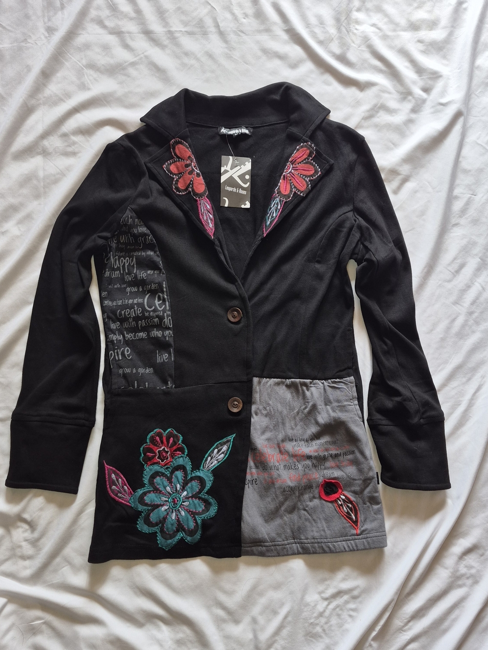 Leopards & Roses Black Embroidered Patchwork Jacket Size M